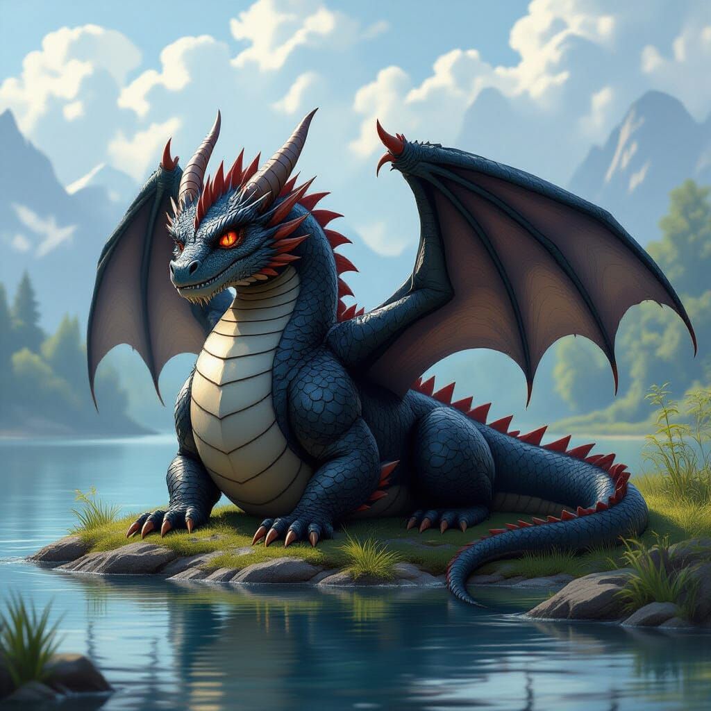Black Dragon Lounging by Lake: Realistic Fantasy Art