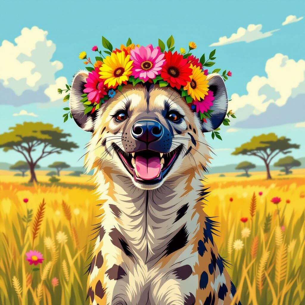 Joyful Hyena with Floral Crown on Savannah