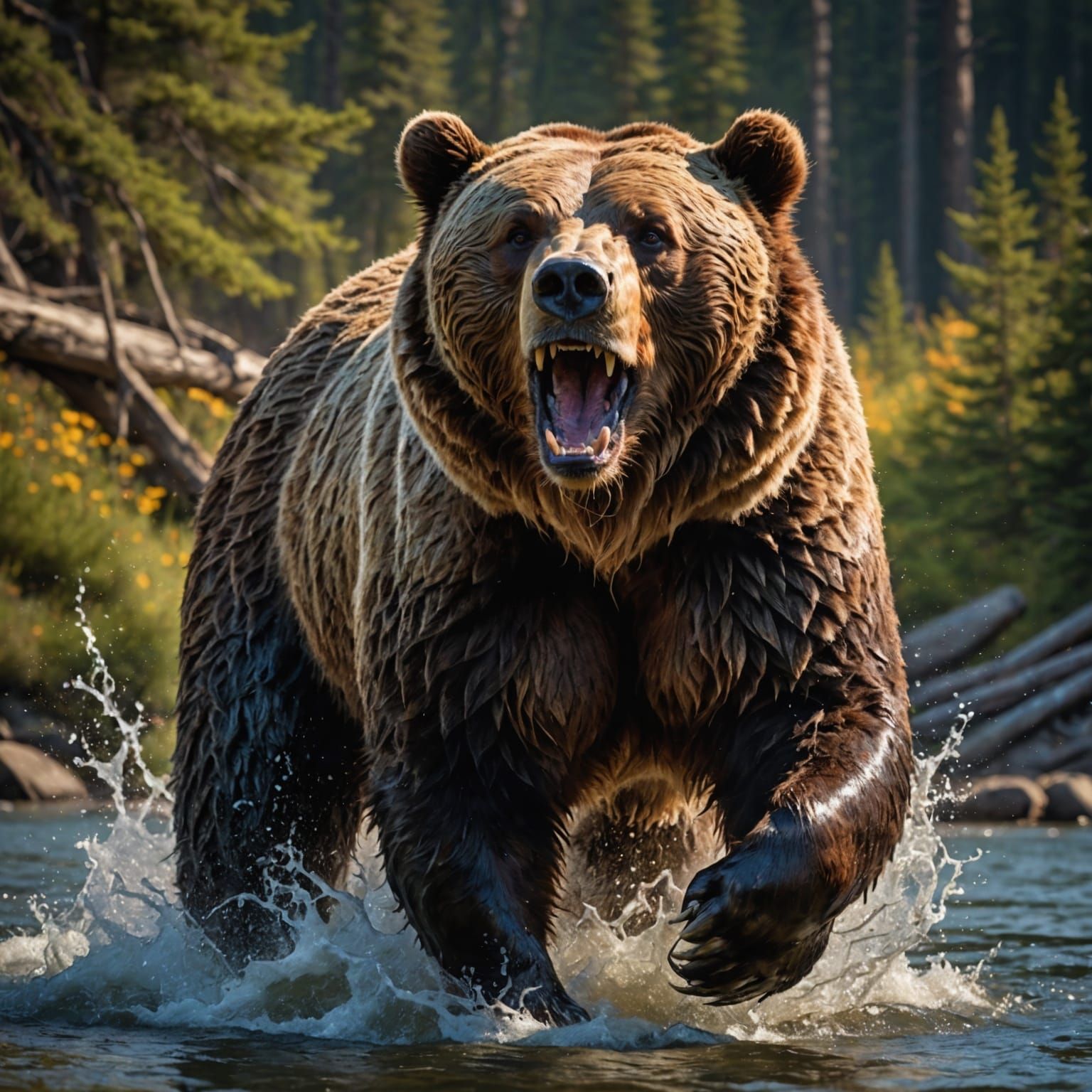 Hyperrealistic Charging Grizzly in Splash Art Style