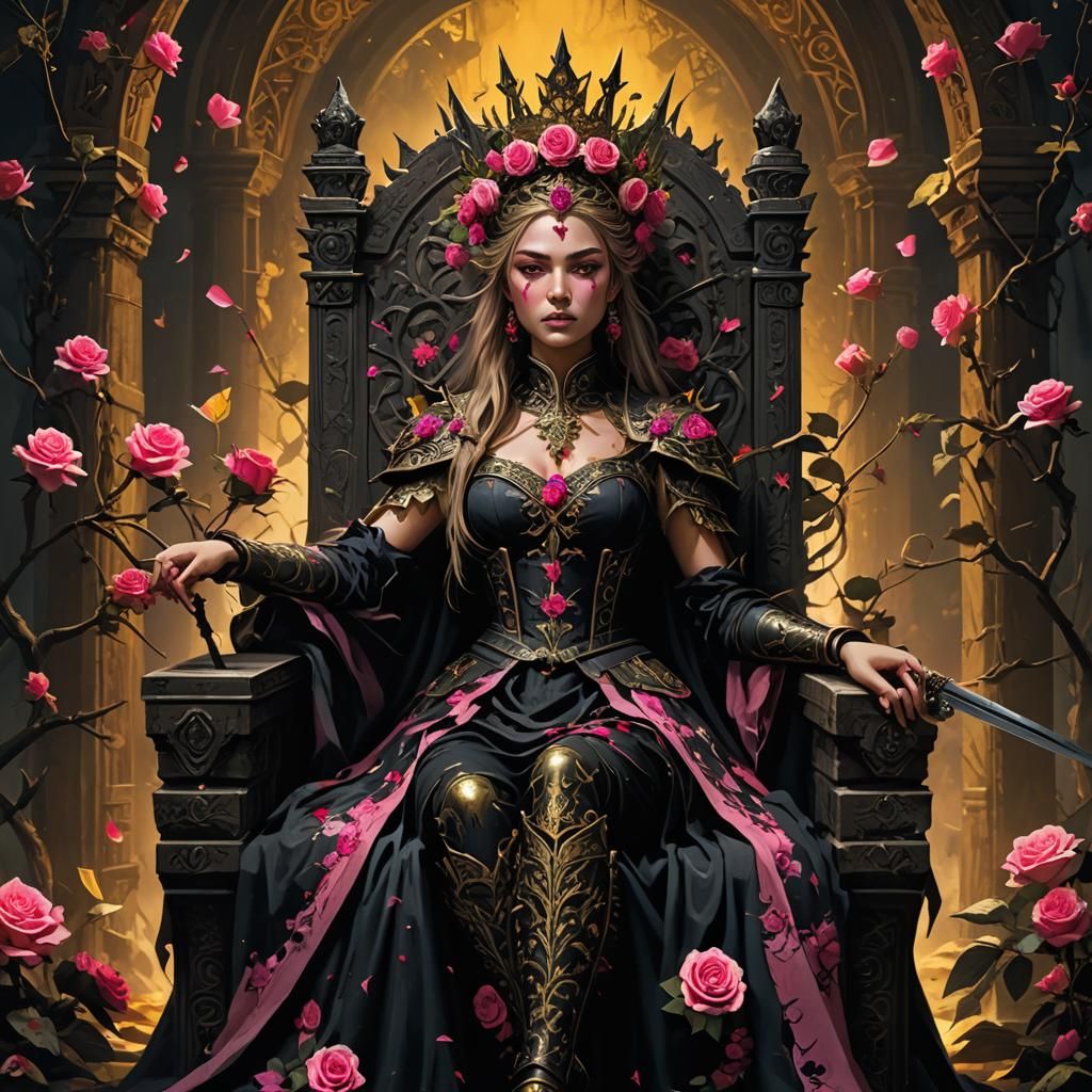 Rose Crowned Queen on Throne in Detailed Matte Painting