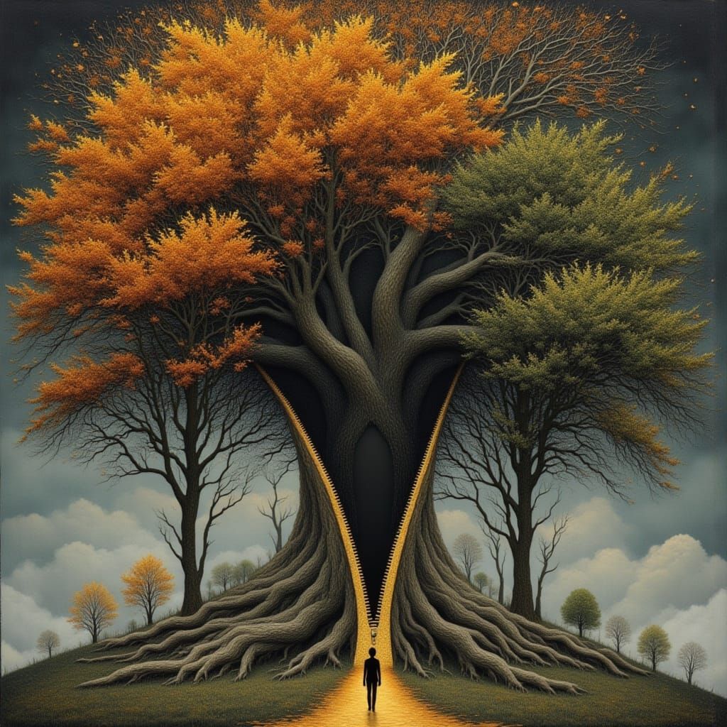 Surreal Tree Zipper Path With Silhouetted Figure
