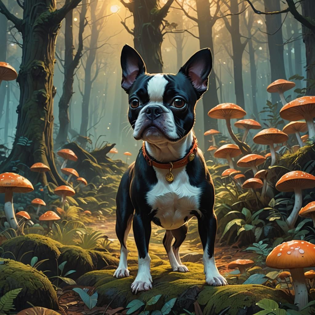 Boston Terrier in Mystical Forest Concept Art