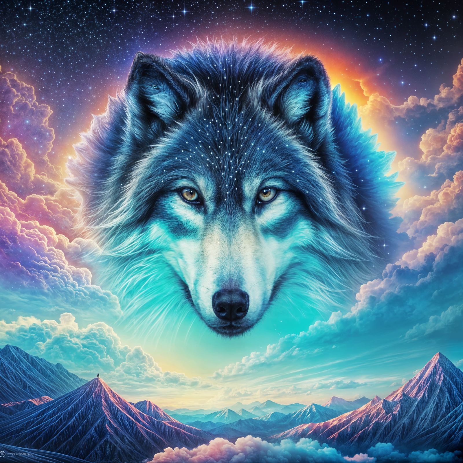 Ethereal Cosmic Wolf Revealed in Holographic Astral Art
