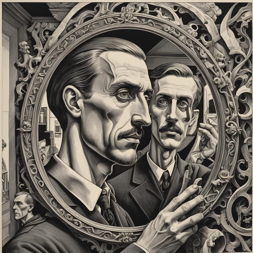 Escher-Style Man Looks in Mirror