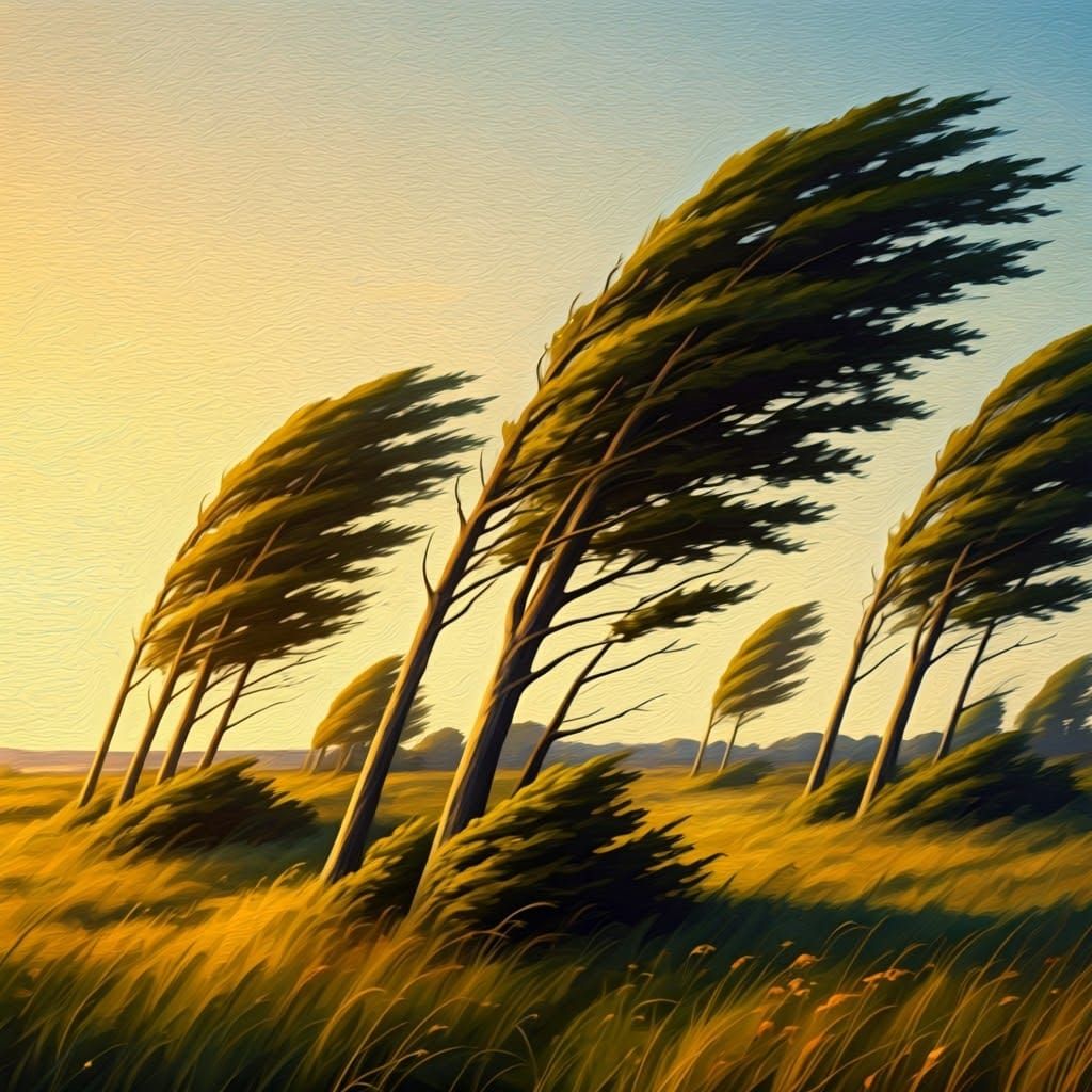 Windswept Trees in Summer Landscape as Oil Painting