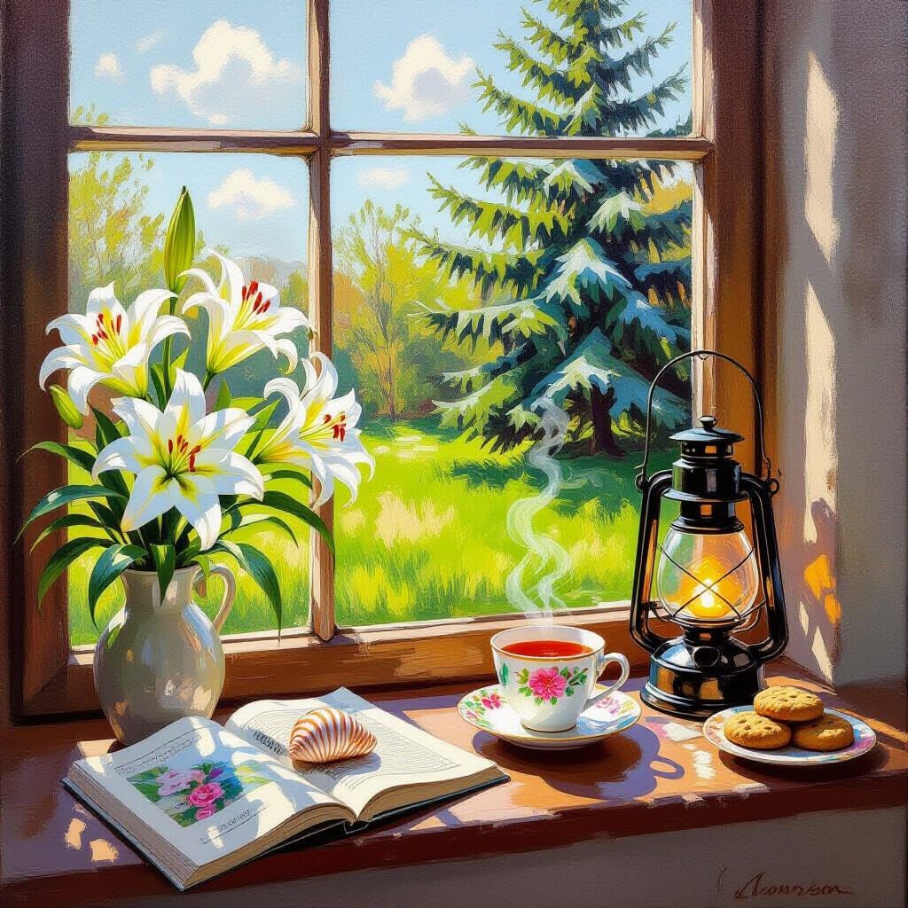 Cozy Windowsill Scene With Lilies and Pearl Shell