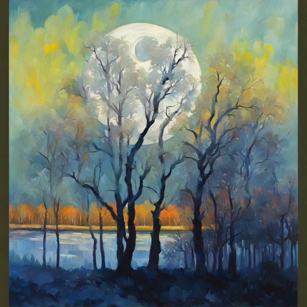 Moonlit Poplar Tree Impasto Gouache Painting