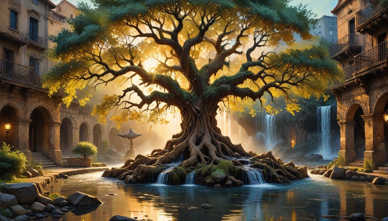 Forgotten City Oasis: Colossal Tree Waterfalls in Splash Art