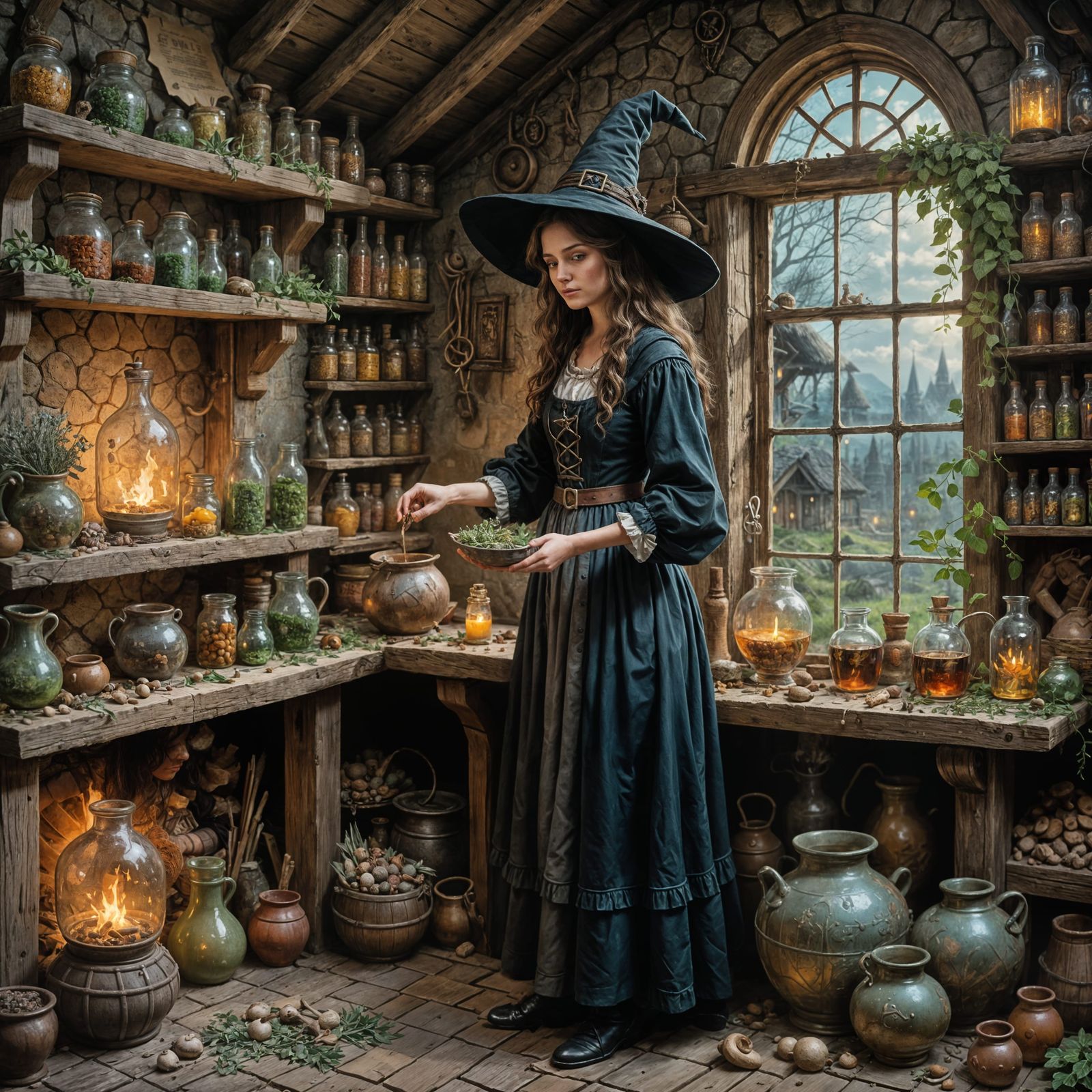 Enchantress at Work in a Whimsical Dark Fantasy Cottage