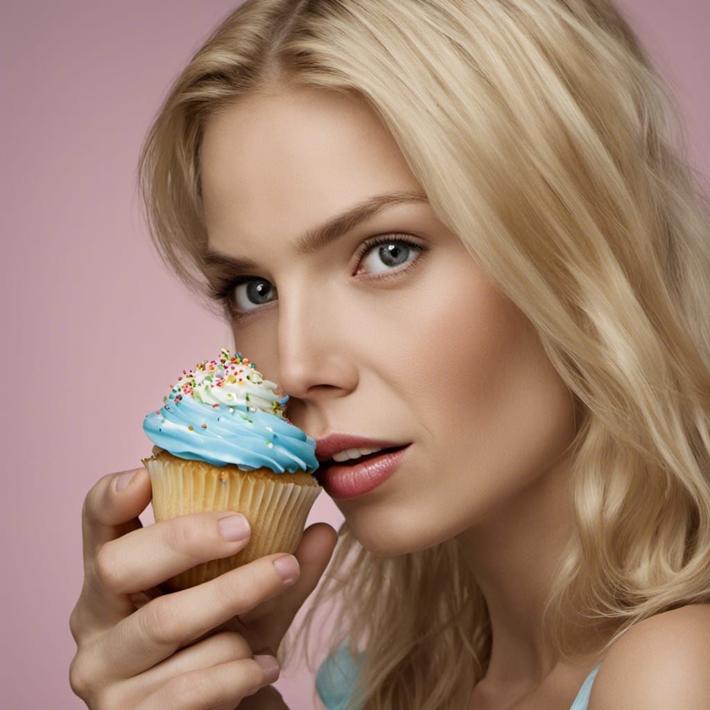 Portrait of Blonde Woman Eating Cupcake