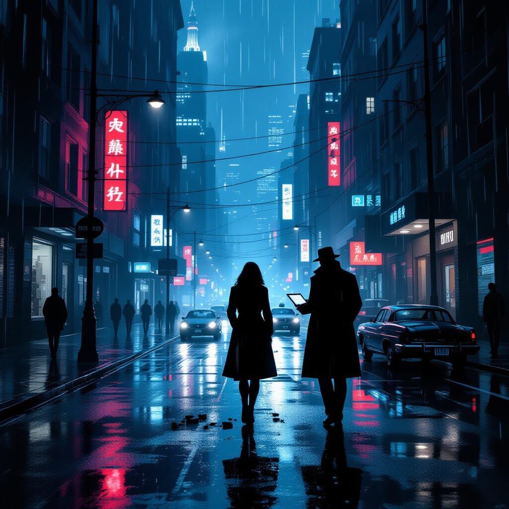 Noir Detective Investigates Crime Scene in Rainy City