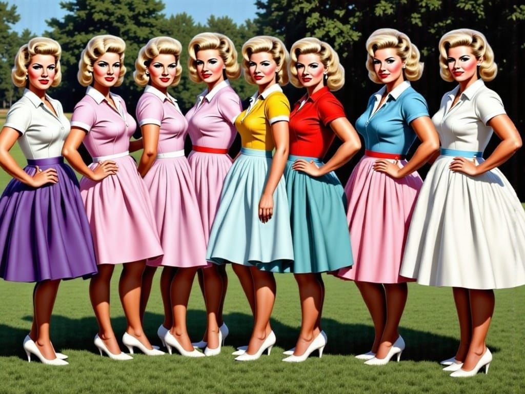 Retro Rockabilly Blondes on Sunny Estate Lawn