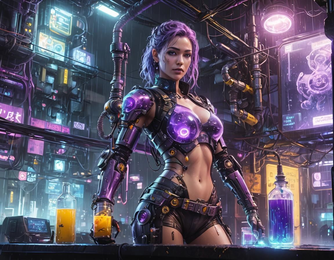 Cyberpunk Scientist with Prosthetic Arm in Neon City