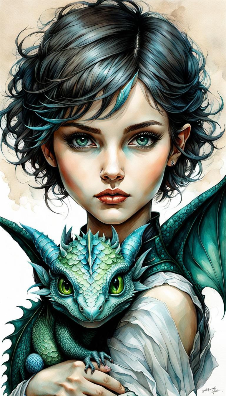 Young Witch with Dragon in Watercolor Pencil Drawing