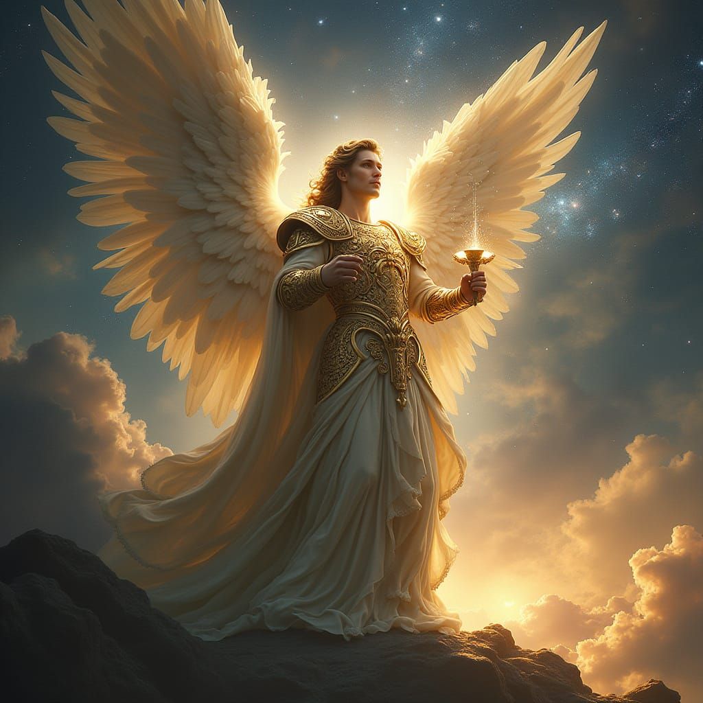 Archangel Gabriel at Universe's Edge in Cosmic Surrealism