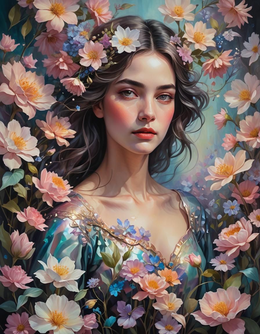 Romantic Floral Portrait in Iridescent Pastel Hues