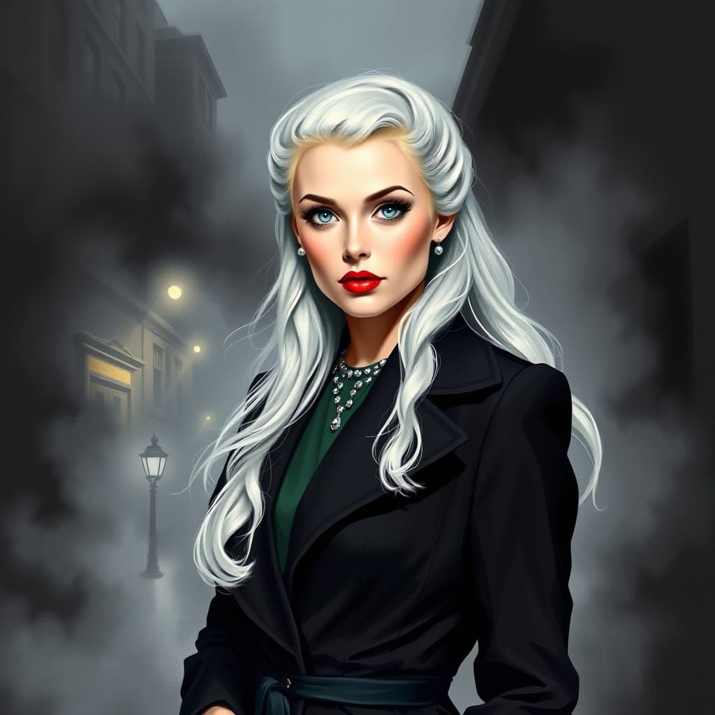 Vintage Pinup Woman in Foggy London Street Scene