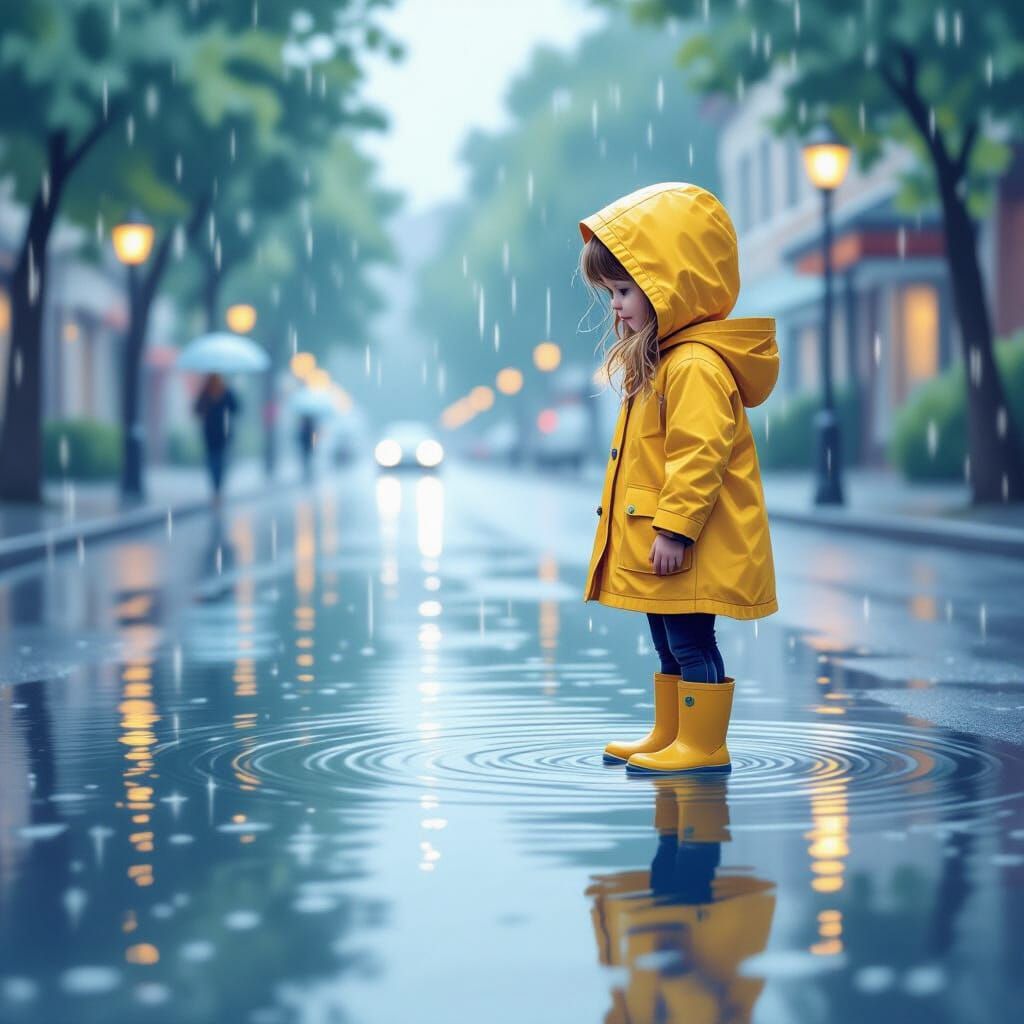 Girl in Yellow Raincoat in Impressionistic Style