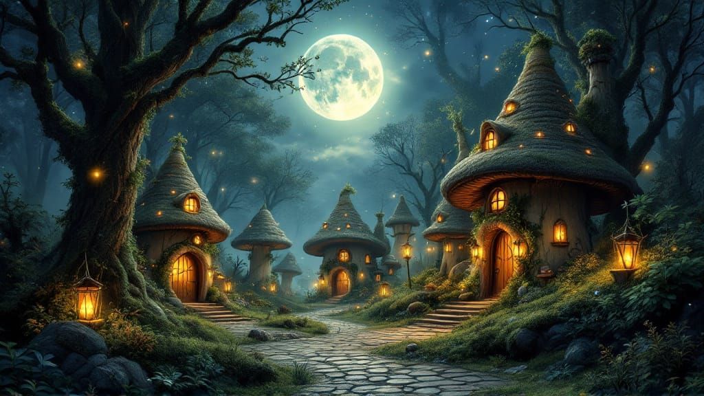 Enchanted Mushroom Village with Elves in Dark Fantasy Forest