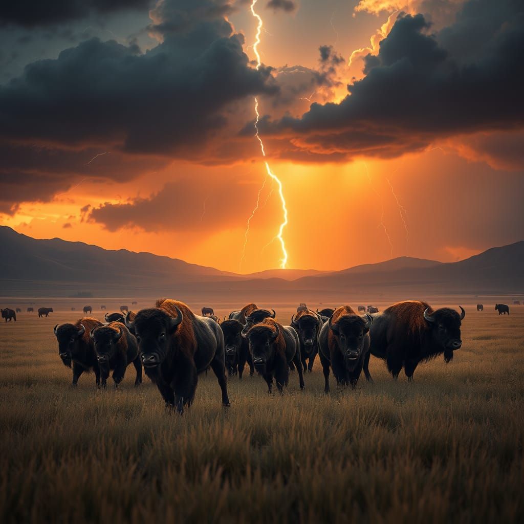 Majestic Bison Herd Roams Under Stormy Skies