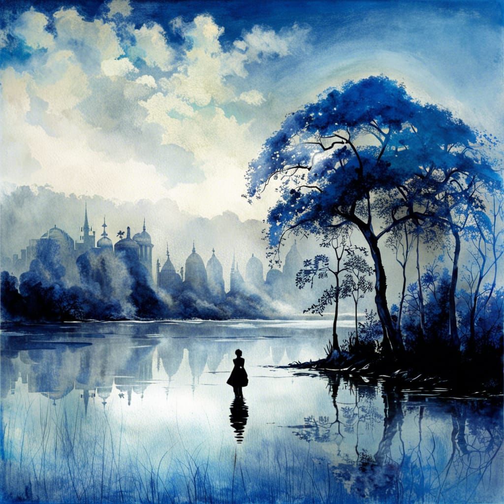 Detailed Water Reflections in Art Brut Style