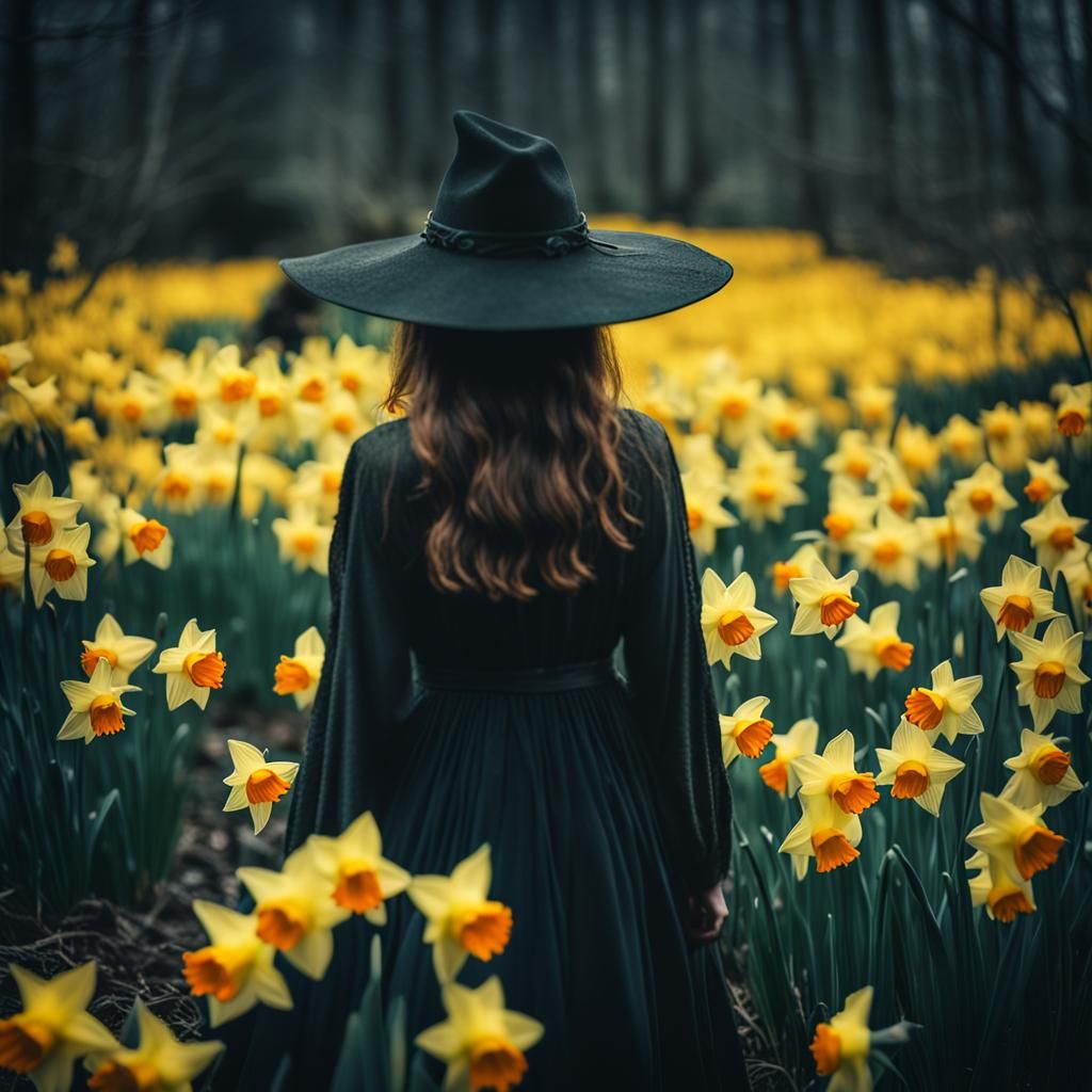 Young Witch and Daffodil with Dark Magic