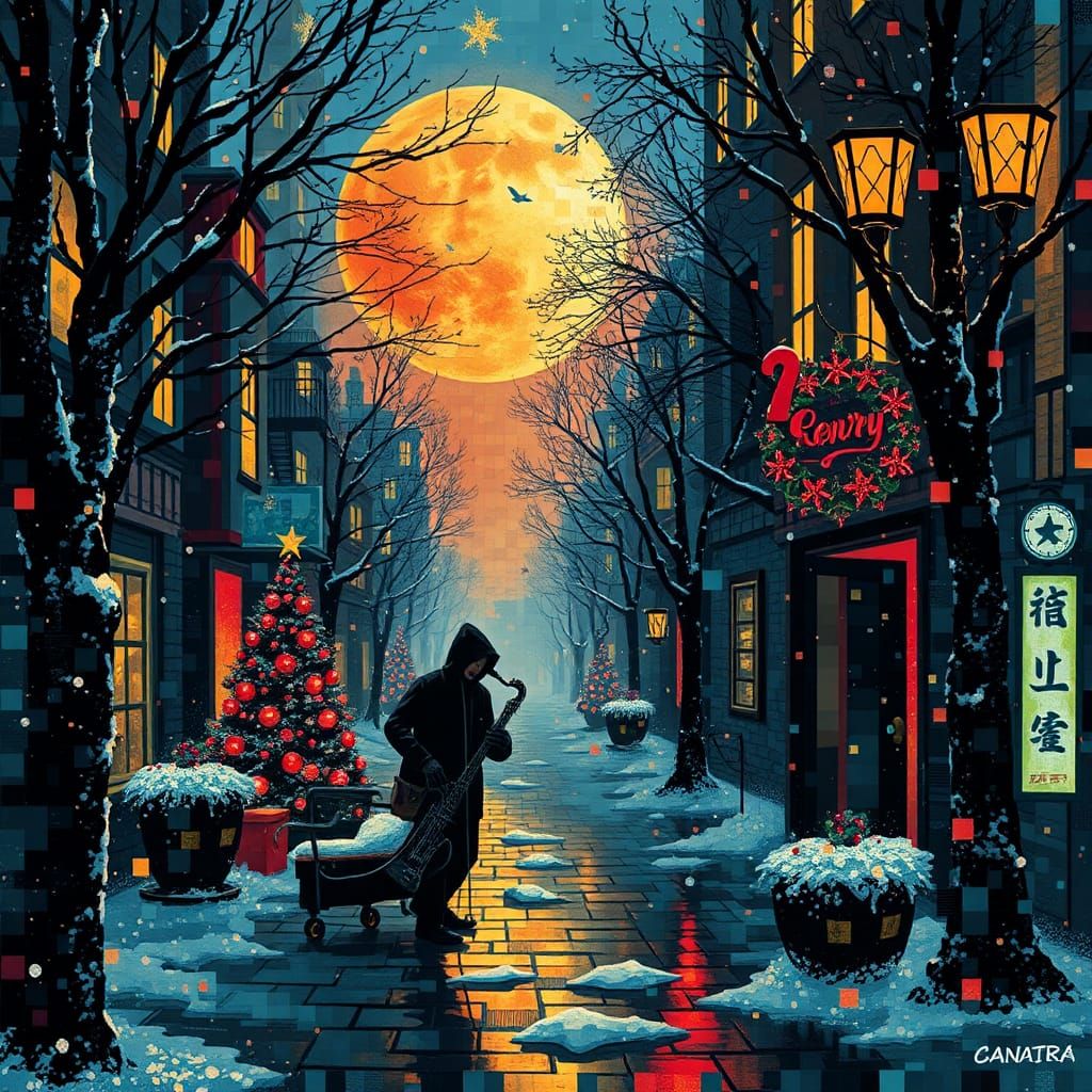 Winter Mosaic: Surreal Cyberpunk Christmas Scene