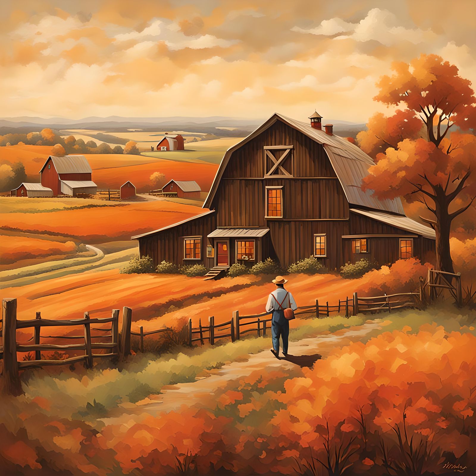 Picturesque Vintage Farmer Admiring Orange Landscape