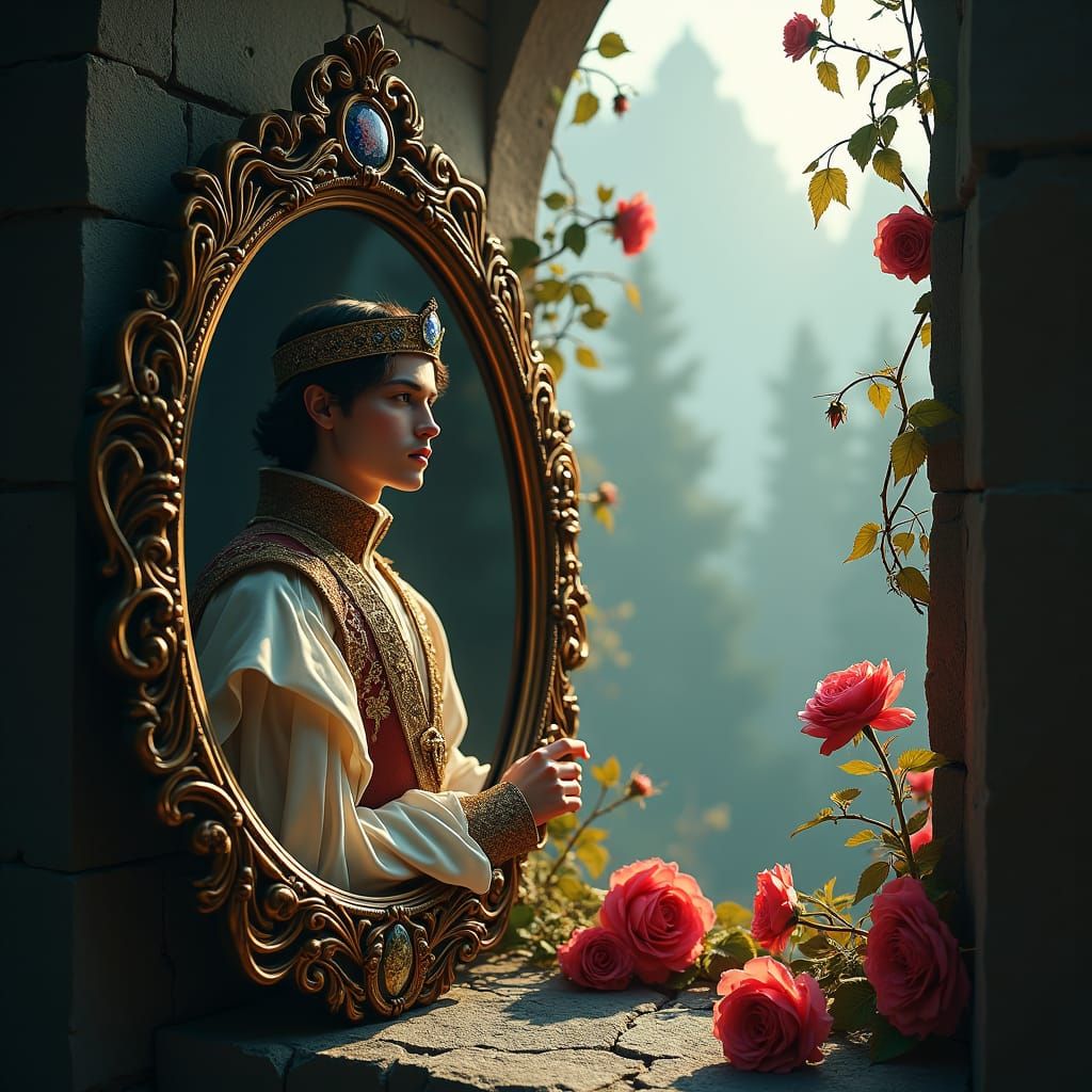 Mystical Mirror Reflects a Prince in Dark Fantasy Style