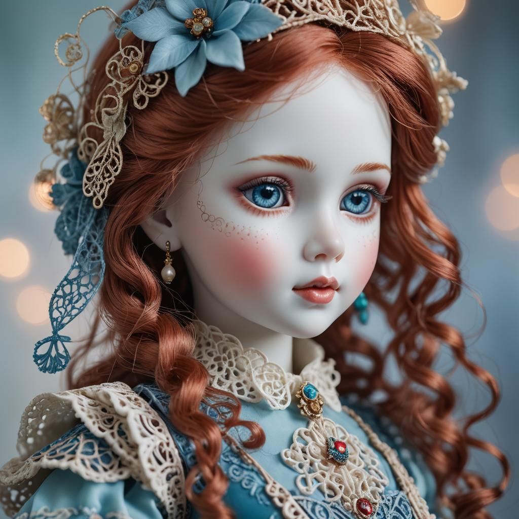 кукла с дымчатыми голубыми глазами smoky eyes и рыжими волосами, фарфор, эффектно, красиво, филигранно, вид сбоку