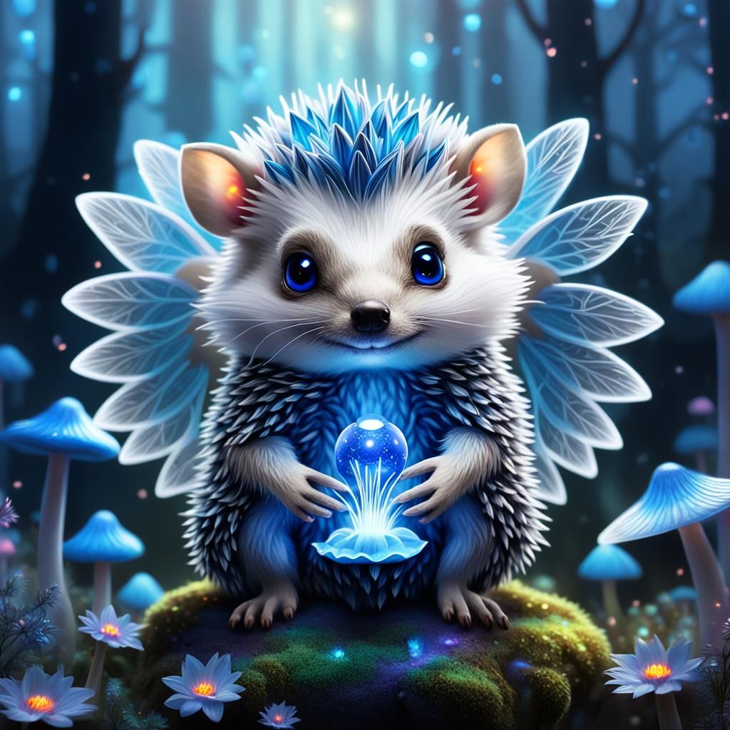 Chibi Hedgehog in Iridescent Forest, Digital Art