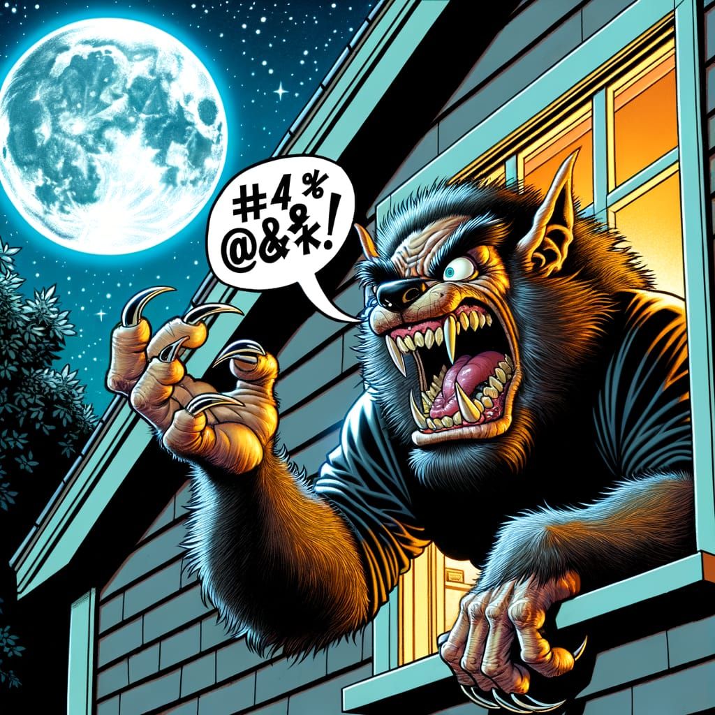 Frustrated Werewolf Leans Out Suburban Window, Full Moon Beh...