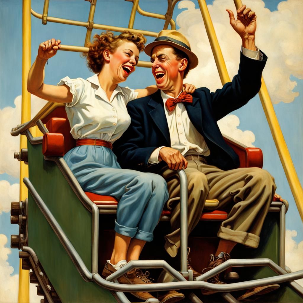 Couple's Silly Roller Coaster Ride as Rockwell Painting
