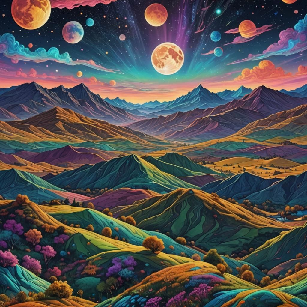 Cosmic Hills Under Moonlight: Astral Illustration