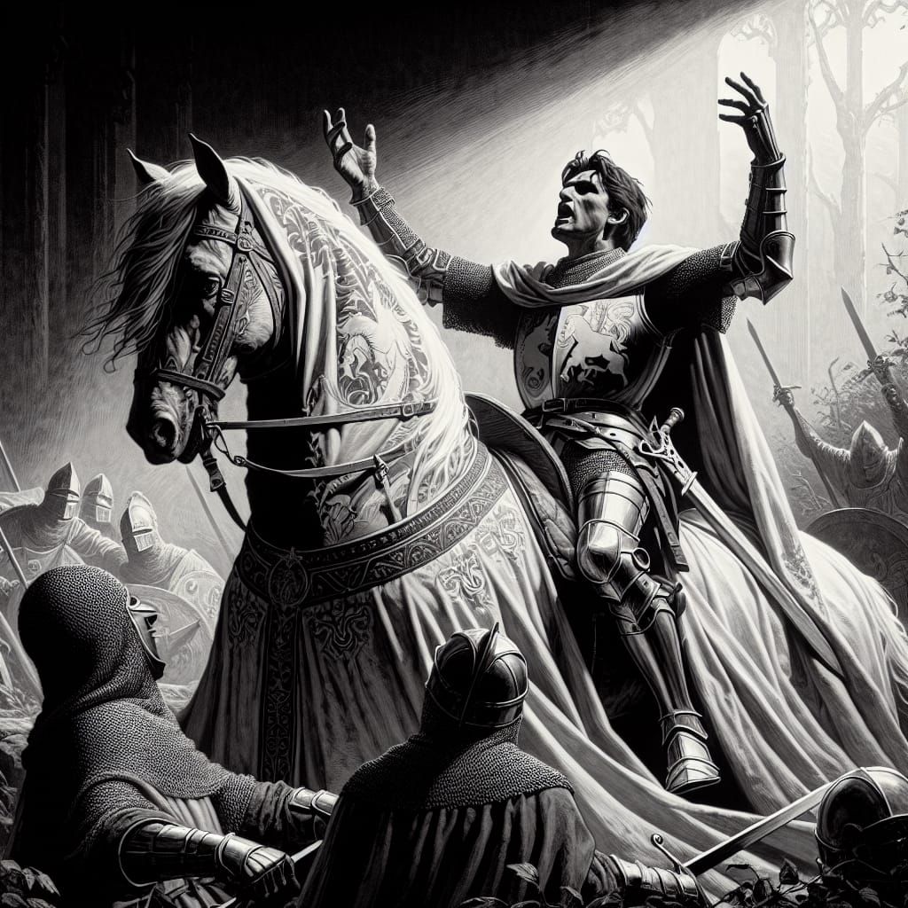 Knight Recounts Victory: Black and White Concept Art
