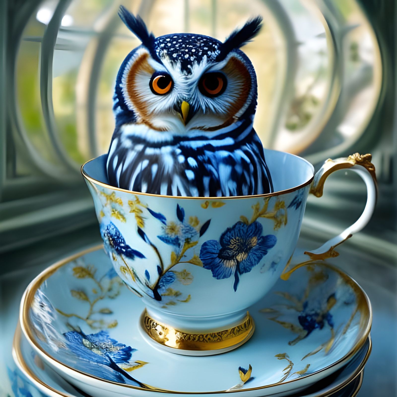 Blue spotted owl in a teacup