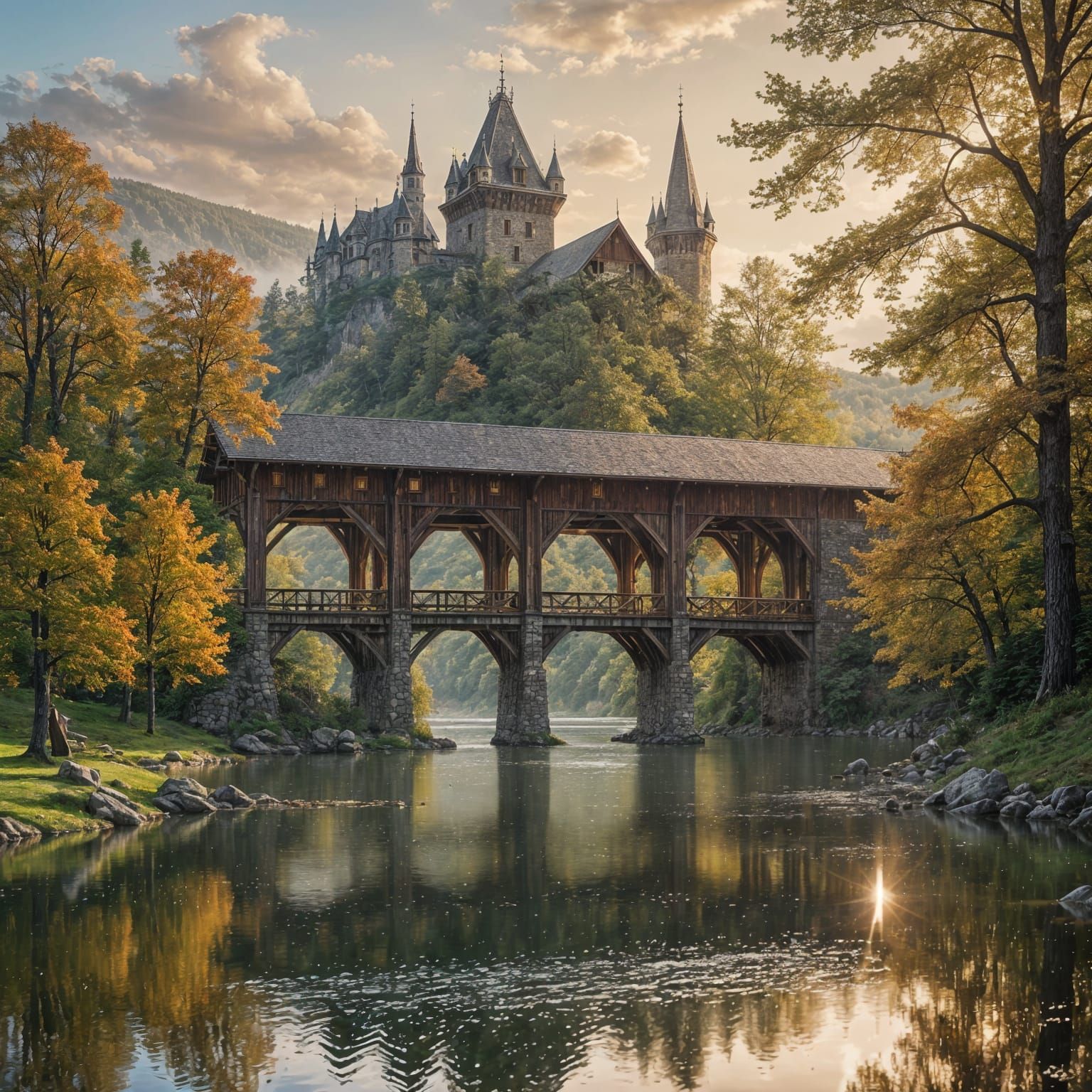 Covered Bridge to Grand Castle Over Lake