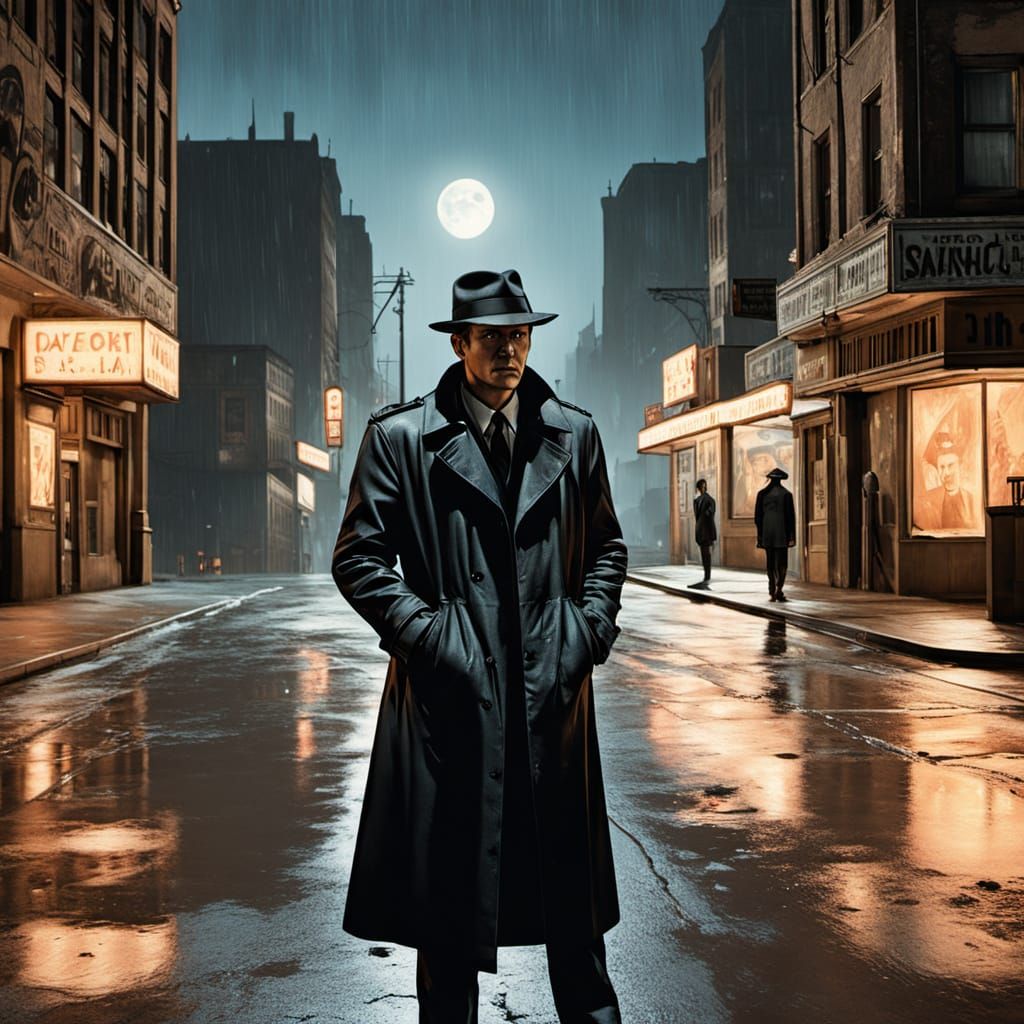 Noir Detective in Surreal Art Deco Cityscape