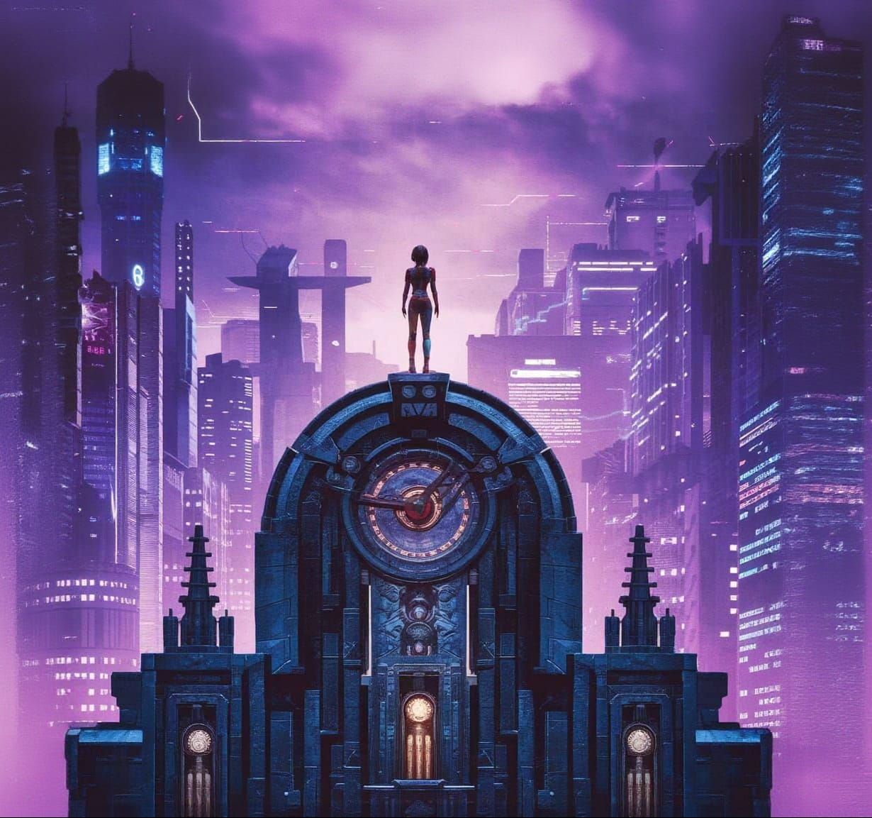Female Robot on Clockwork Cathedral Overlooking Cyberpunk Ci...