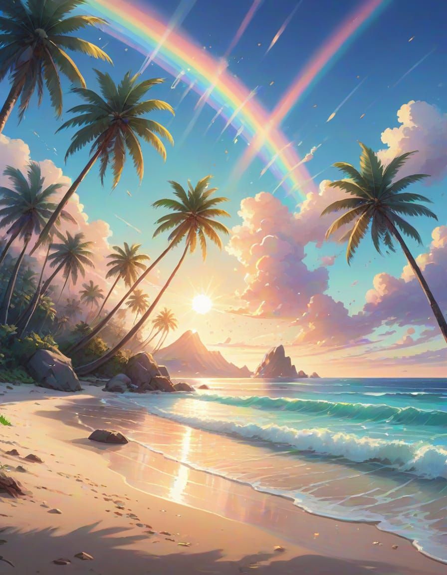 Tropical Beach Sunset with Crystal Prisms in Anime Style