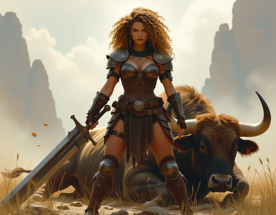 Victorious Barbarian Over Slain Bull in Digital Painting