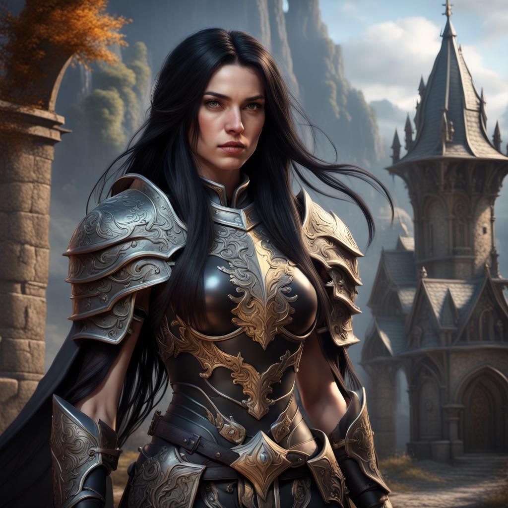Beautiful female paladin with long black hair