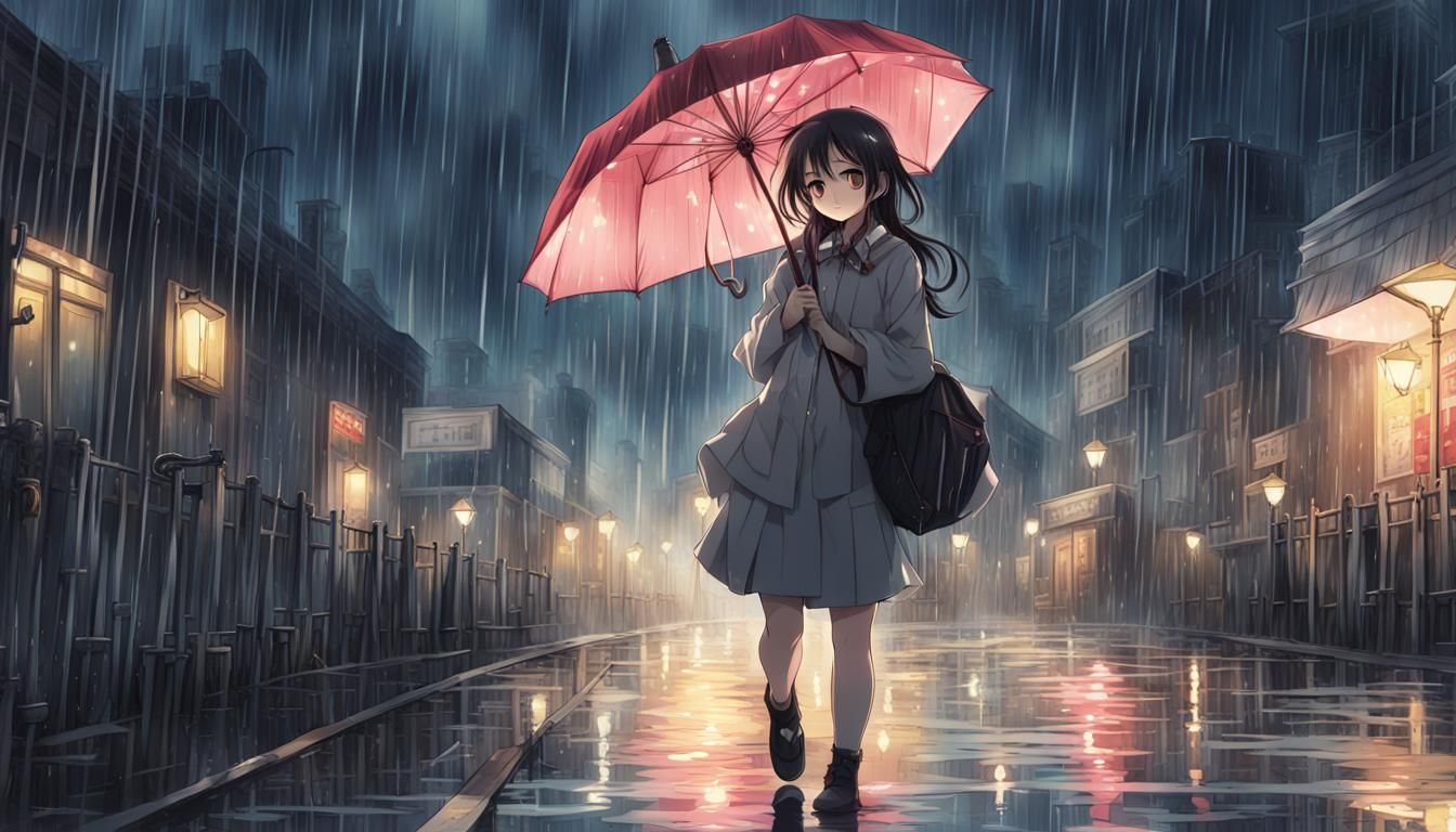 Anime Girl in Rainy Night with Umbrella