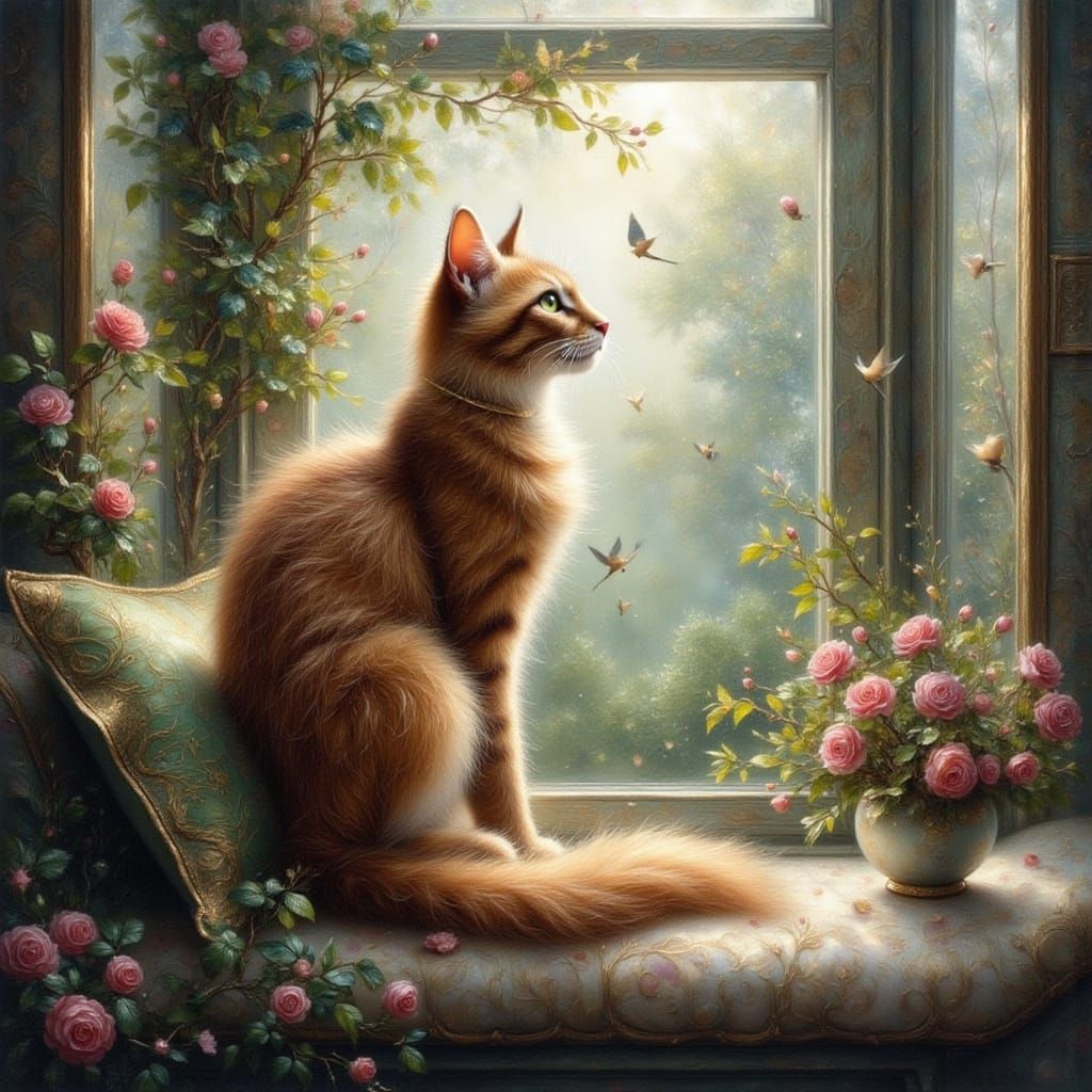 Beautiful Long-Haired Cat Watching Garden Birds