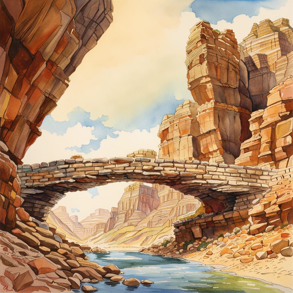 Desert Stone Bridge in Watercolor Photograph Style