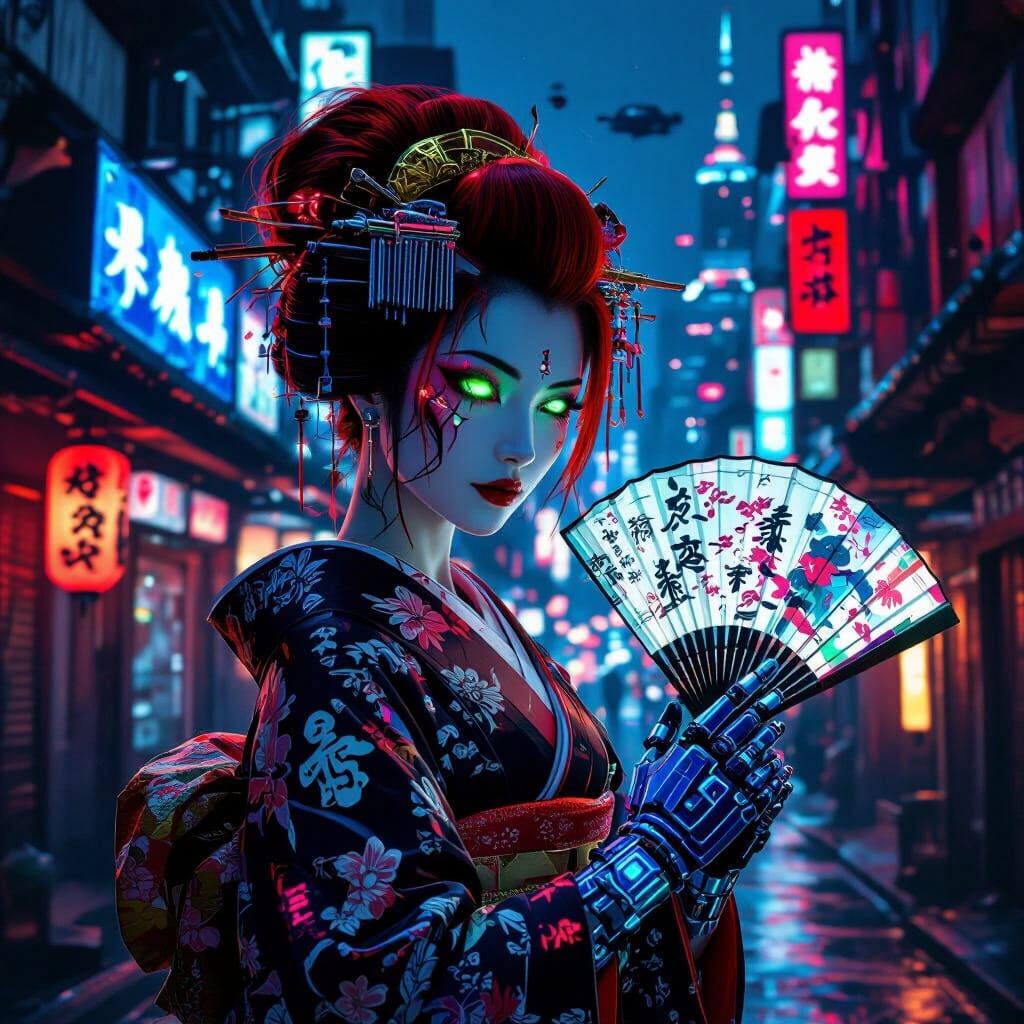 Cyberpunk Geisha with Neon Kanzashi in Futuristic Tokyo