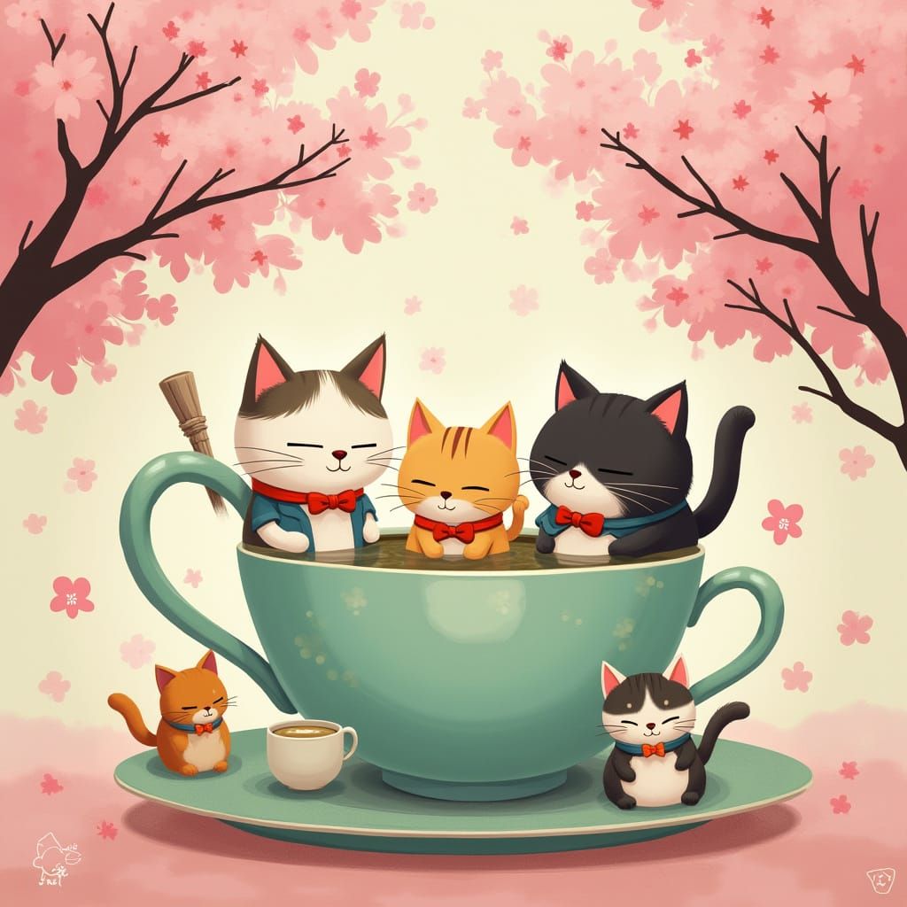 Whimsical Cat Cafe in Teacup, Ghibli-Inspired