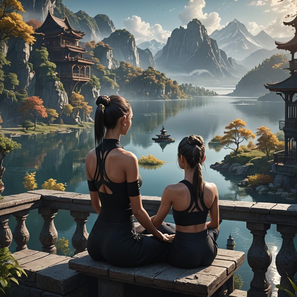 Woman Meditating on Balcony: Detailed Matte Painting