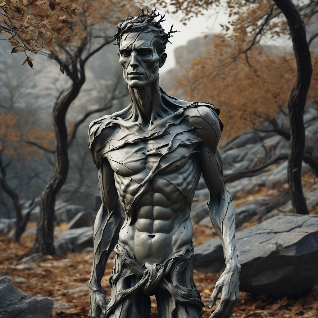 Autumnal Statue in Rocky Landscape, Polychromatic Illustrati...