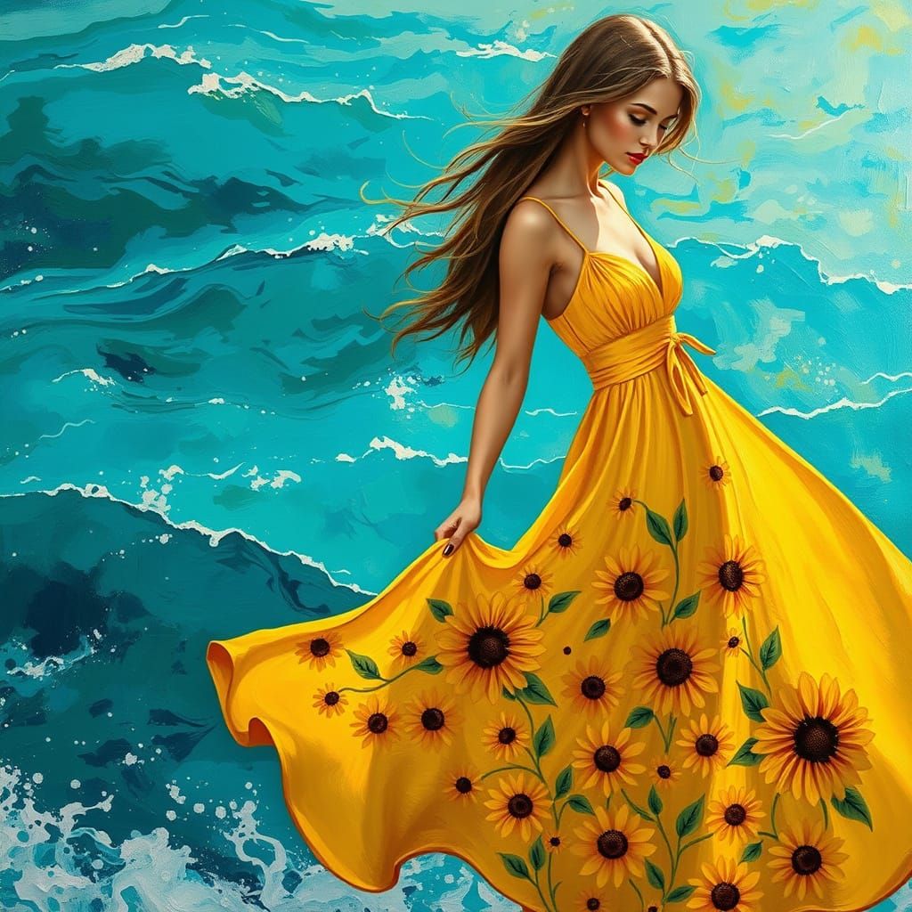 Woman in Yellow Sunflower Dress Against Vibrant Ocean